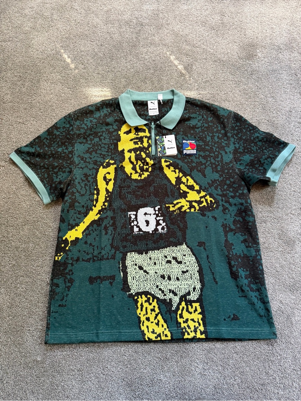 Puma X Butter Goods Marathon All Over Print Polo, Green/ Mineral Blue Size Large